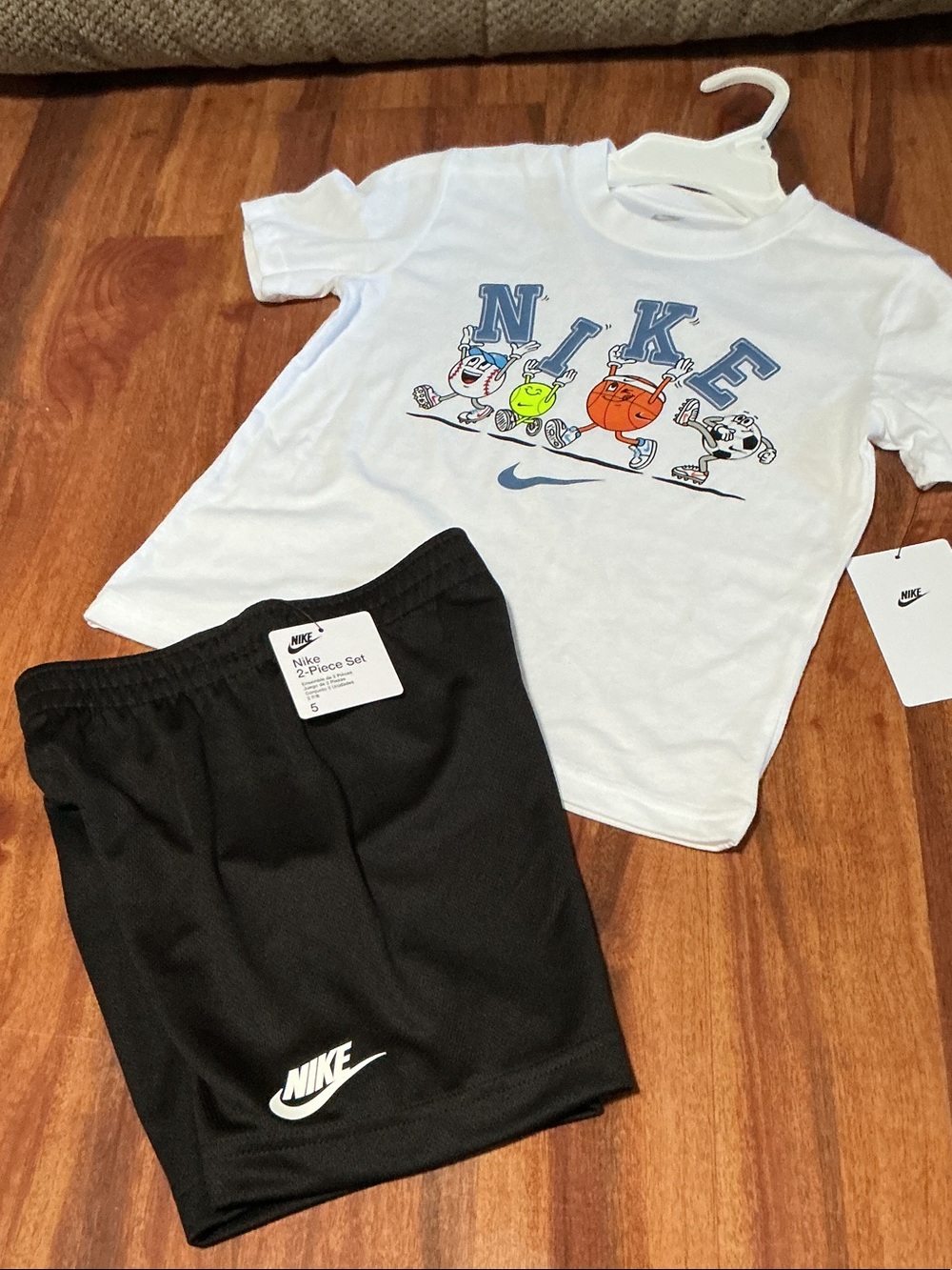 Nike White Tee with Playful Sports Characters & Black Shorts kids sz 5